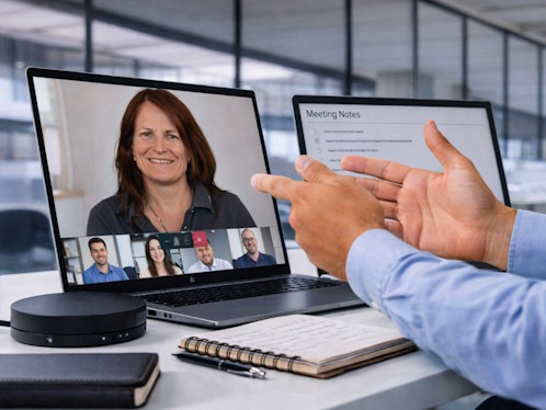 Videokonferenz am modernen Arbeitsplatz mit Hauptsprecherin auf dem Laptopbildschirm, Teilnehmer gestikuliert vor Kamera, Meeting-Notizen und Speakerphone sichtbar