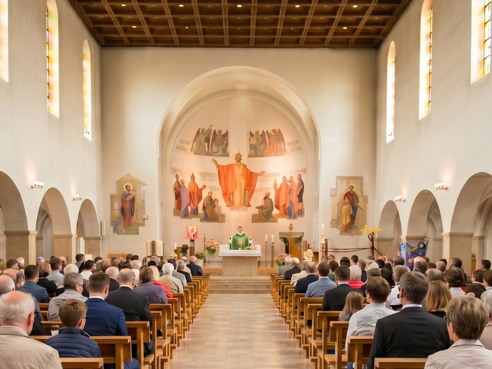 Kirche Herisau – moderne Kirchenbeschallung für klare und gleichmässige Sprachverständlichkeit Innenraum der Kirche Herisau mit hoher Holzdecke, grossen Wandmalereien und modern integrierter Kirchenbeschallung; klare Sprachübertragung für Gottesdienste und Veranstaltungen.
