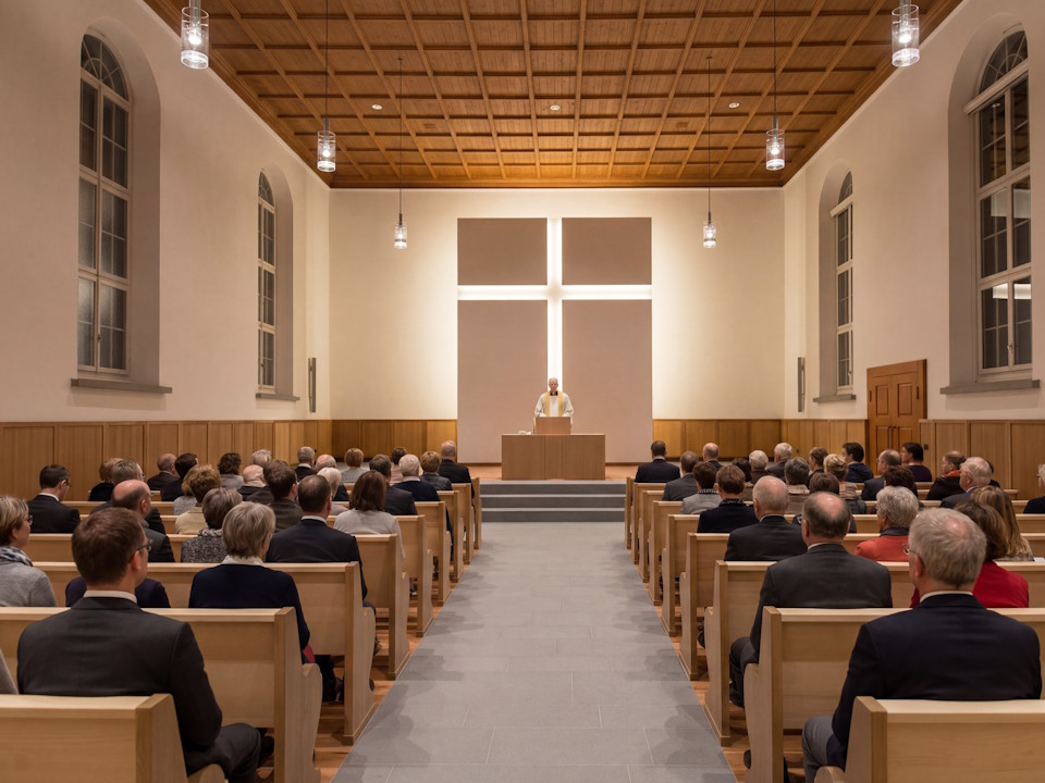 Kirche Schwellbrunn – moderne Kirchenbeschallung Innenraum der Kirche Schwellbrunn während eines Gottesdienstes; Referenzprojekt für moderne Kirchenbeschallung zur Verbesserung der Sprachverständlichkeit.