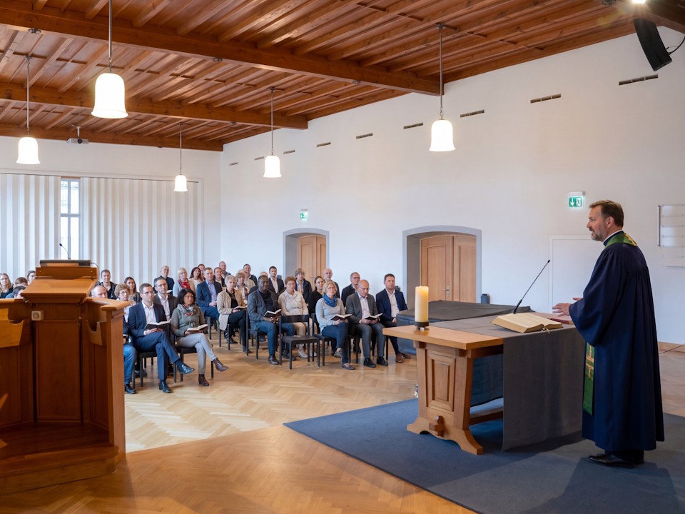 Kirche St. Georgen – zeitgemässe Kirchenbeschallung und integrierte Multimediatechnik Innenraum der Kirche St. Georgen während Gottesdienst Referenzprojekt für moderne Kirchenbeschallung und Multimediatechnik zur Verbesserung der Sprachverständlichkeit.