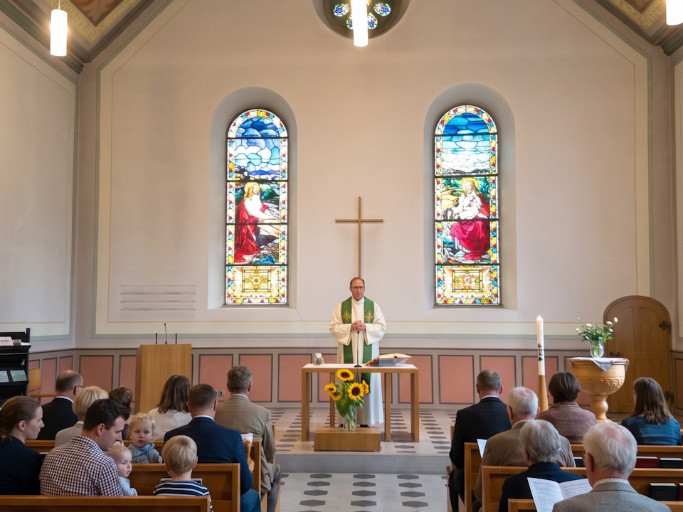 Kirche Walzenhausen- moderne Beschallungsanlage und Multimediatechnik Innenraum der Kirche Walzenhausen mit hellen Pastellfarben, modernen Kirchenbänken und dezent integrierter Kirchenbeschallung; klare Sprachverständlichkeit und unauffällige Multimediatechnik für Gottesdienste und Veranstaltungen.