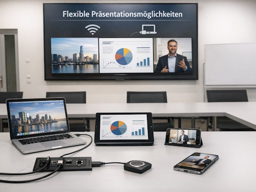 Laptop, Tablet und Smartphone übertragen Präsentationsinhalte gleichzeitig auf ein grosses Display in einem modernen Konferenzraum – Beispiel für flexible kabelgebundene und drahtlose Präsentationsmöglichkeiten.